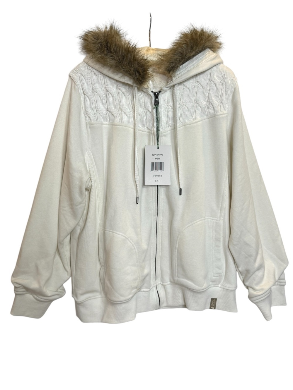 Green Tea Ivory Faux-Fur Trim Cable Knit Heavy Lined Hooded Jacket XXL